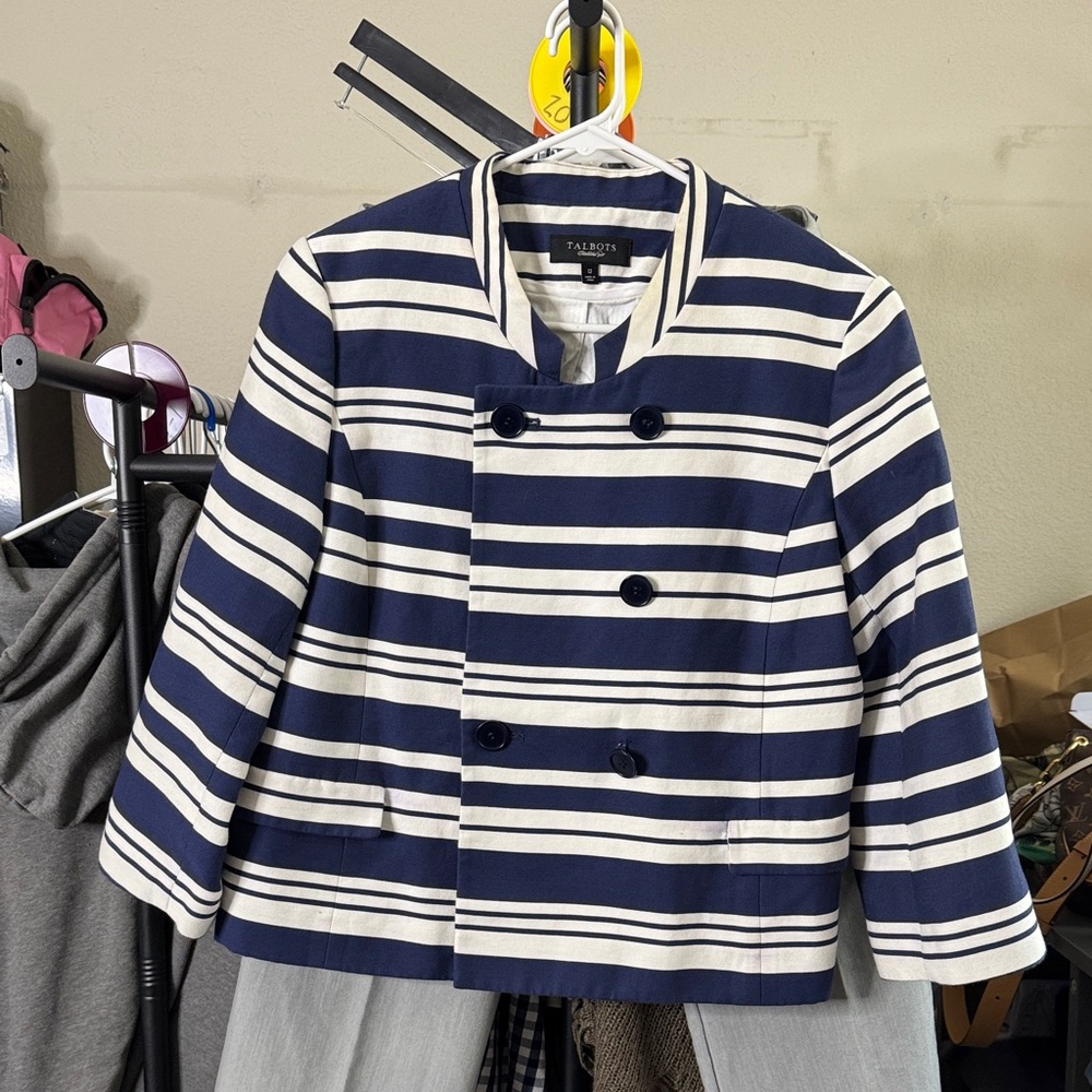 Talbots Navy and Cream Striped Double-Breasted Jacket
